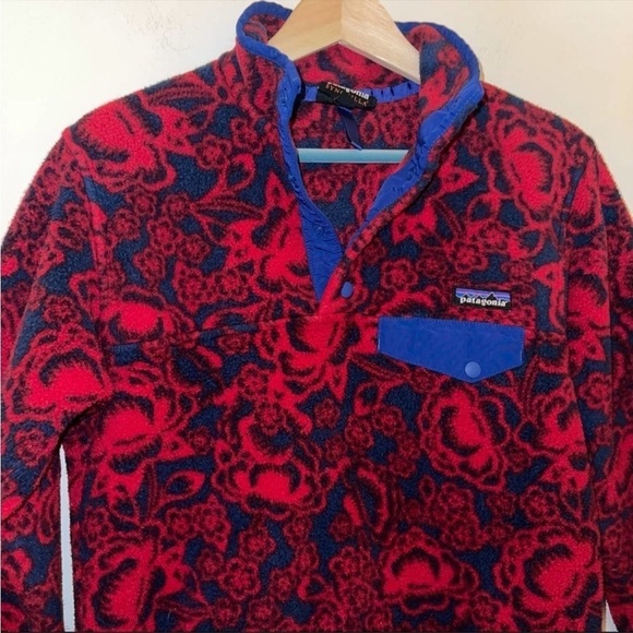 Patagonia RETRO Synchilla Fleece Hawaiian Red Lotus Flower Fleece RARE 🌺 Medium - Picture 6 of 8